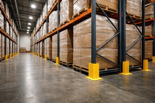 Warehouse interior showing stacked cardboard boxes wrapped in plastic and supported by L shaped pallet rack protectors copy space