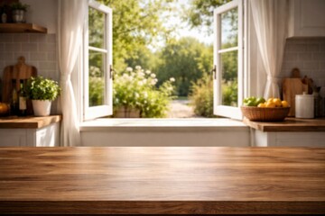 Fototapeta premium Open kitchen window showing product on sleek wooden table with copy space