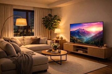 Fototapeta premium Well lit living room with latest television model beside sofa and decorative lamp
