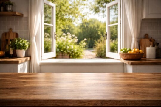 Open kitchen window showing product on sleek wooden table with copy space