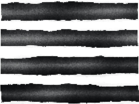 Horizontal halftone black dot stripes set for textured grunge background design with irregular rough edge vector pattern.