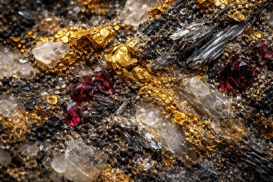 Macro view of gold antimony ore texture highlighting mineral layers quartz mica garnet and sulfides