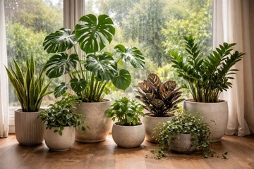 Fototapeta premium Collection of indoor plants in ceramic pots set on floor beside window with rain increasing air quality