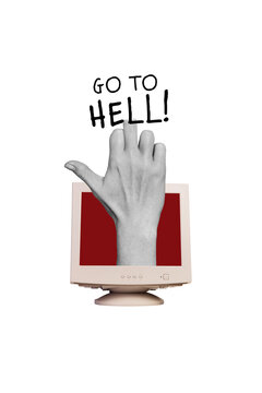 Vertical photo collage of human arm showing middle finer rude sign go to hell cyberbullying pc monitor symbol isolated on painted background