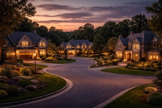 Upscale suburban homes in a quiet rural cul de sac at dusk with private residences