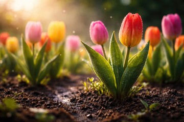 Obraz premium Vibrant tulips sprouting from moist earth captured at a low viewpoint