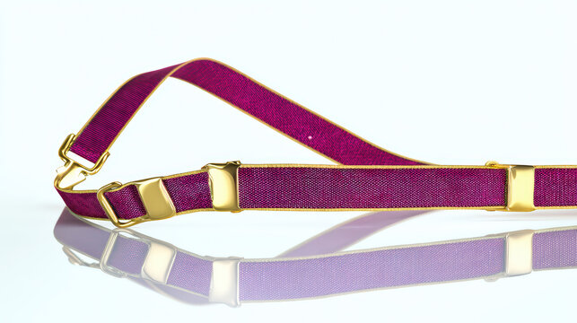A Single Purple Suspender with Gold Hardware on a Reflective White Surface. Photography High Resolution Detailed Shot