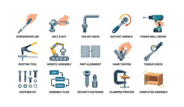 Assembly tool icons showing screwdrivers wrenches fastening on white