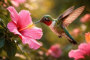Obraz premium Happy hummingbird hovering while drinking nectar from an open pink flower