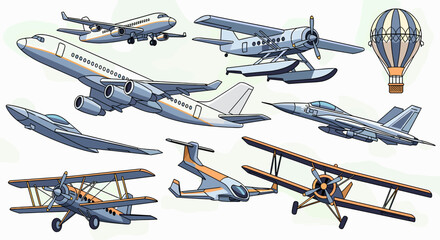 A collection of diverse aircraft illustrations including modern passenger jets, vintage biplanes, a seaplane, fighter jets, and a hot air balloon. © Liakum