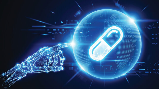 Digital robotic hand touching glowing globe with medicine capsule icon representing artificial intelligence in global pharmaceutical research and healthcare technology advancements.