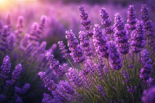 Sharp image of purple lavender in full bloom cluster