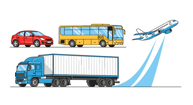 Illustration of various modes of transportation including a red car, a yellow bus, a blue semi-trailer truck, and an airplane taking off, all against a white background.
