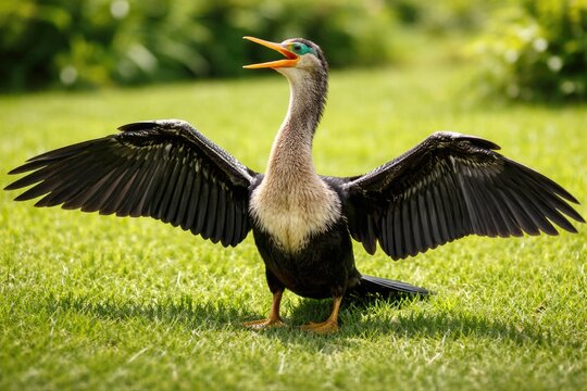 Cheerful pet anhinga showing wings on a bright green grass lawn full length summer day
