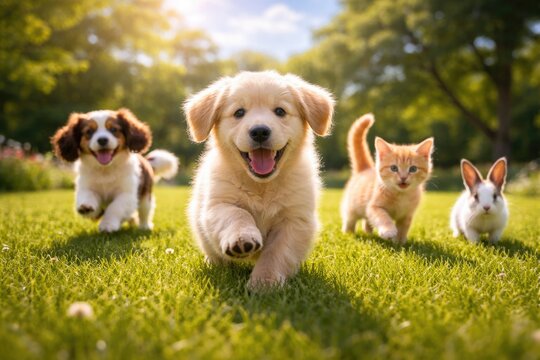 Delighted small pets frolicking on full length green grass lawn under sunny summer skies