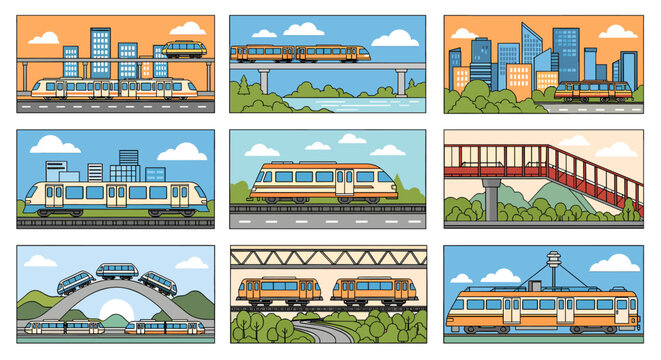 A collection of flat design illustrations showcasing various modern train and monorail public transportation systems in urban and suburban landscapes.