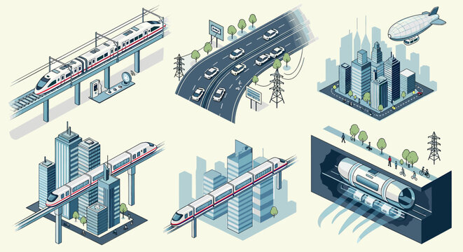 Isometric illustration of modern urban transportation systems and city infrastructure including high-speed trains, highways, monorails, and underground tunnels.
