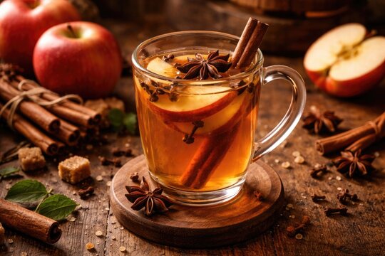 Warm apple cider featuring anise and clove spices in a glass set on wood