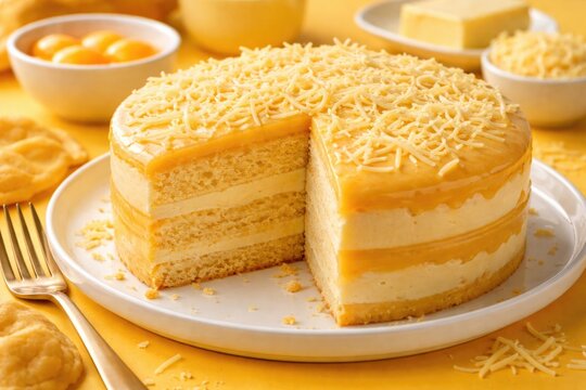 Layered Yema Cake with Airy Chiffon Sponge and Smooth Custard Cheese on a Striking Yellow Setting