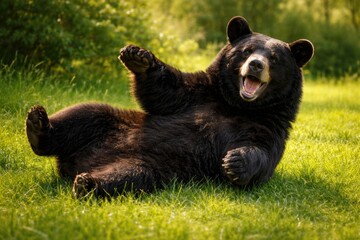 Naklejka premium Cheerful black bear engaged in playful activity on thick green grass lawn shown in full length on summer afternoon
