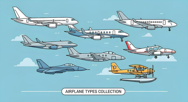 A diverse collection of various airplane types, including commercial jets, private jets, military aircraft, and a seaplane, set against a clear blue sky with subtle cloud formations.