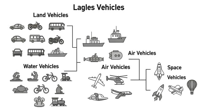 A comprehensive visual guide categorizing various types of vehicles, including land, water, air, and space transportation.
