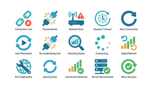 Network connection icons illustrating error states and recovery
