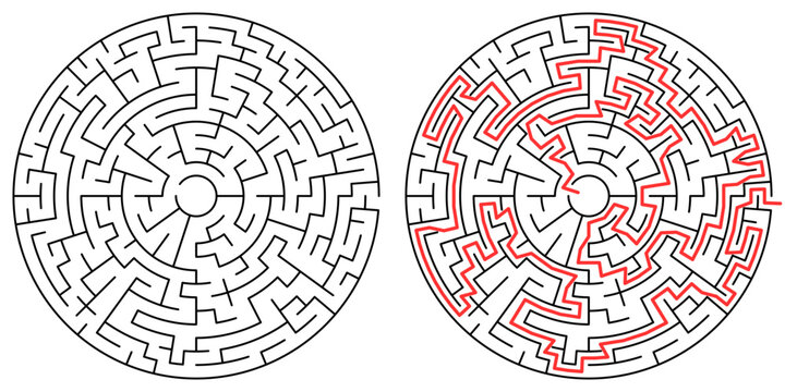 Circular maze puzzle with red highlighted solution path