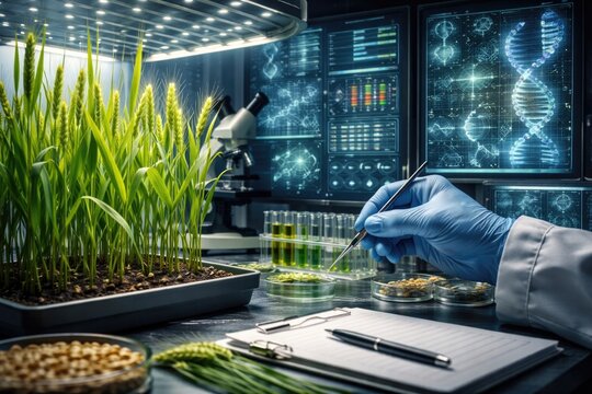 Plant breeding research on GMO wheat with green leaves and genetic data for laboratory setting and text area