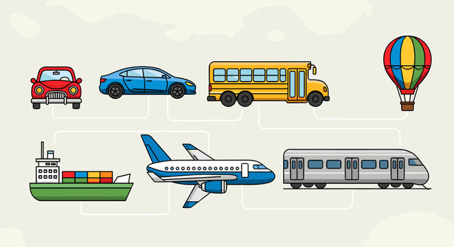 Collection of various modes of transport including cars, bus, hot air balloon, cargo ship, airplane, and train.