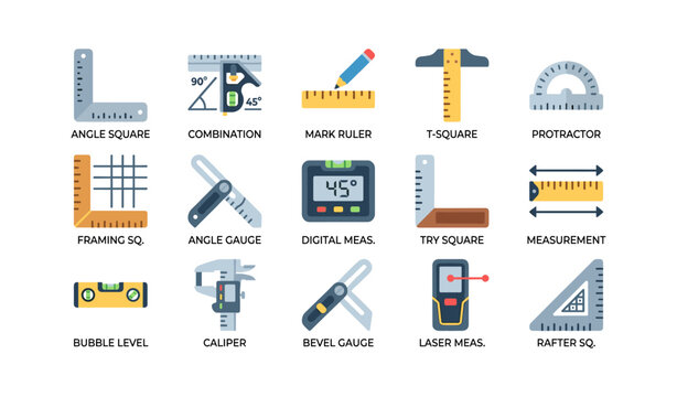 Measuring and layout tool icons arranged on white background