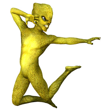 3D Rendering Green Alien on White