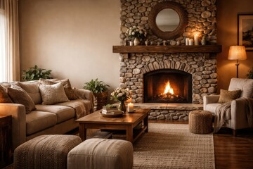 Naklejka premium Inviting living room setup with textured river rock fireplace and ample copyspace
