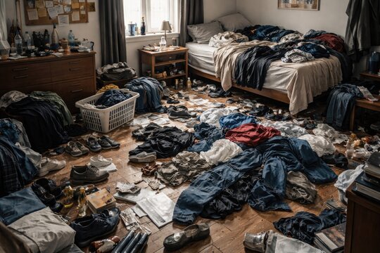 Untidy home room with disordered clothing and miscellaneous things spread over the floor