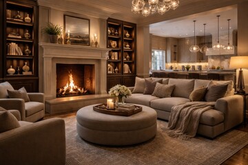 Naklejka premium Upscale living room showcasing a burning fireplace, arranged built shelving, cozy furniture, and glimpse of kitchen