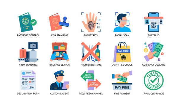 Airport customs and immigration icons showing procedures and checks