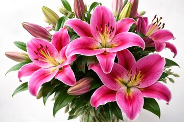 Fototapeta premium Fuchsia pink lily bouquet showcasing vivid blooms on a soft white canvas