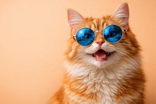 Joyful ginger cat modeling blue eyewear near pastel orange background with copy space