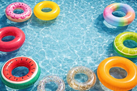 Sunny day scene of assorted inflatable rings drifting on crystal clear pool water with copy space