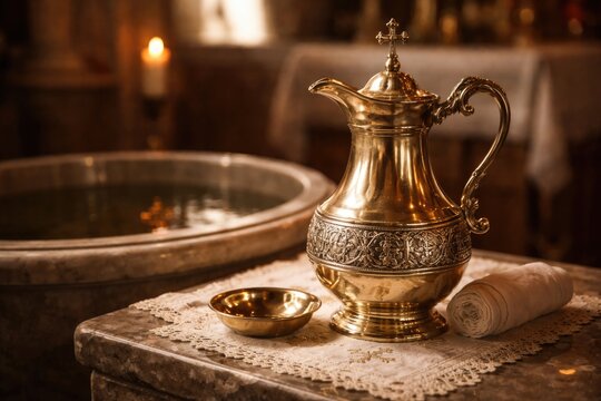 Traditional vessel presenting holy water for baptismal anointing