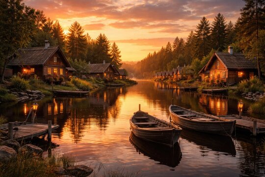 Quiet village at sunset showing wooden homes and moored boats reflected in placid water with natural surroundings