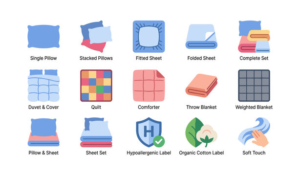 Bedding and linen icons showing pillows sheets and blankets