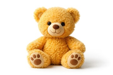Obraz premium Happy yellow teddy bear seated on a crisp white backdrop