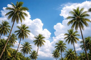 Obraz premium tall palm trees standing tall before a bright blue sky filled with fluffy white tropical clouds during the day