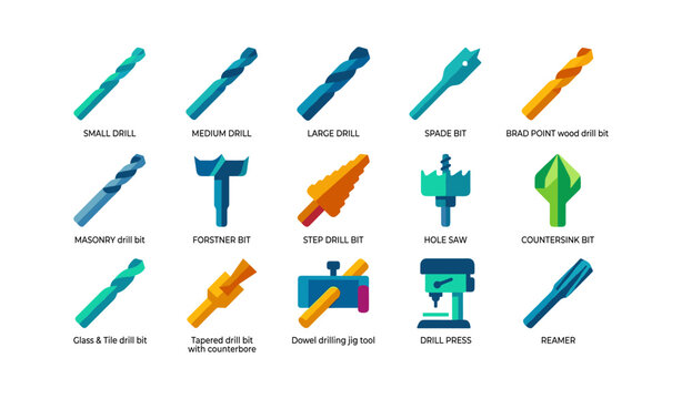 Assorted drill bit icons illustrating types and tools on white base