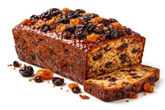 Freshly baked fruitcake with prunes raisins and dried apricots isolated on white background