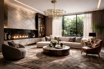 Fototapeta premium Refined living room scene with designer seating, tasteful decorations, and a modern fireplace