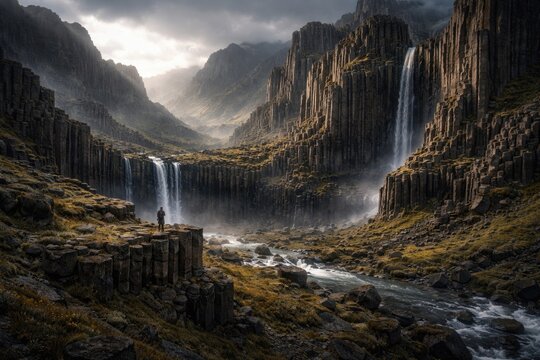 Mystical highland with striking hexagonal columnar rock faces