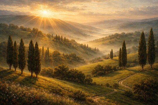 Serene landscape captured in oil paint featuring sun rays over verdant rolling hills adorned with distinctive poplar trees at dawn