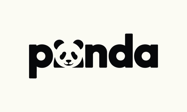 Minimalist panda typography logo design with clever negative space animal face icon on beige surface.